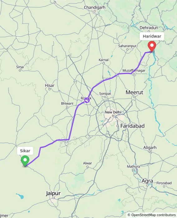 Route map showing distance and travel time from Sikar, India to Haridwar, India