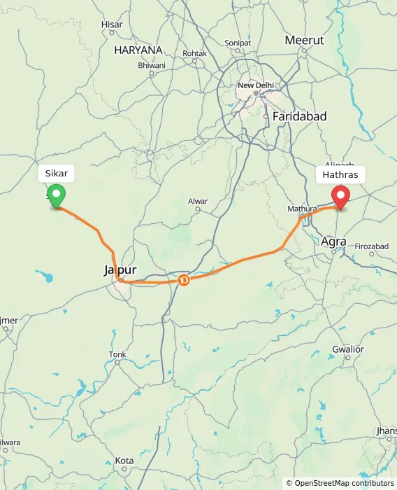 Route map showing distance and travel time from Sikar, India to Hathras, India