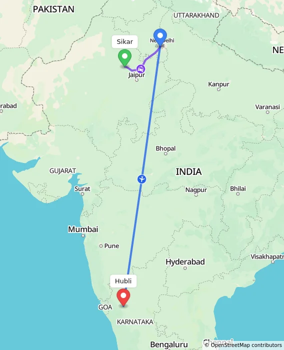 Route map showing distance and travel time from Sikar, India to Hubli, India