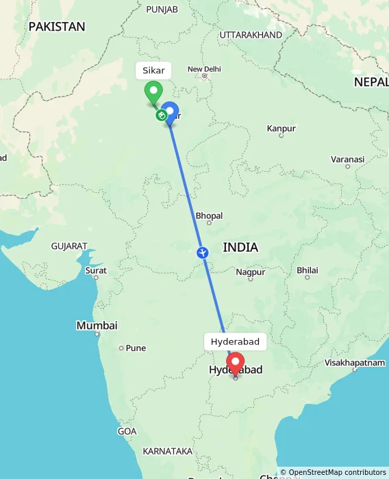 Route map showing distance and travel time from Sikar, India to Hyderabad, India