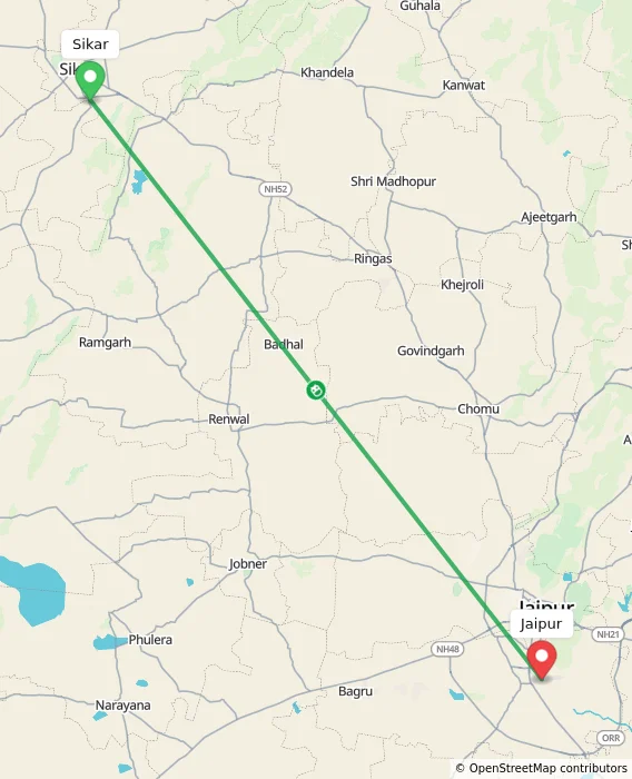 Route map showing distance and travel time from Sikar, India to Jaipur, India