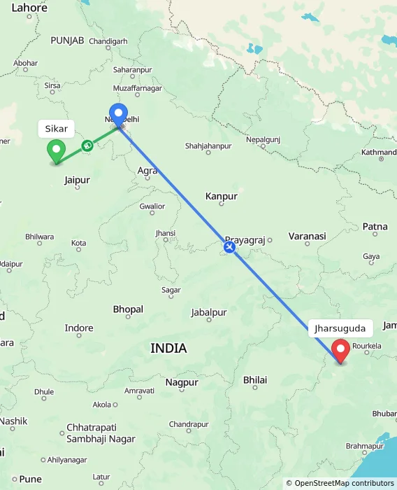 Route map showing distance and travel time from Sikar, India to Jharsuguda, India