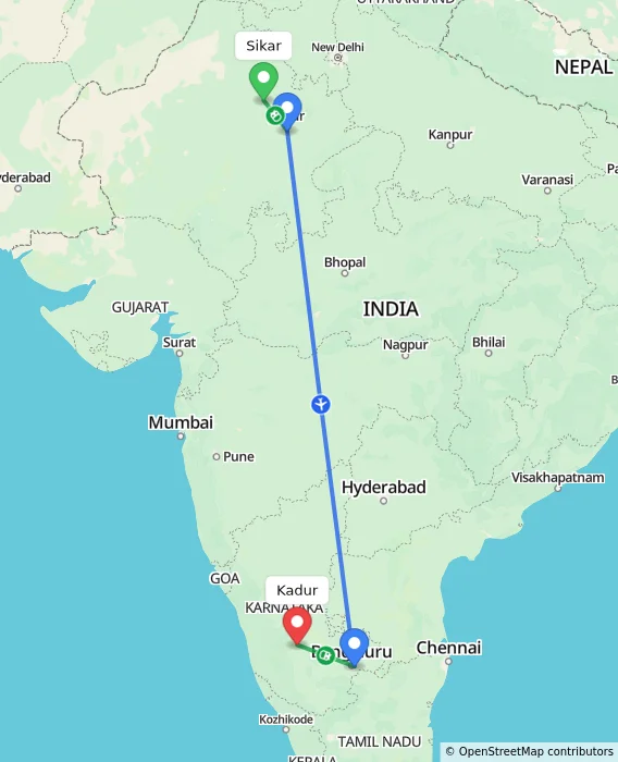 Route map showing distance and travel time from Sikar, India to Kadur, India