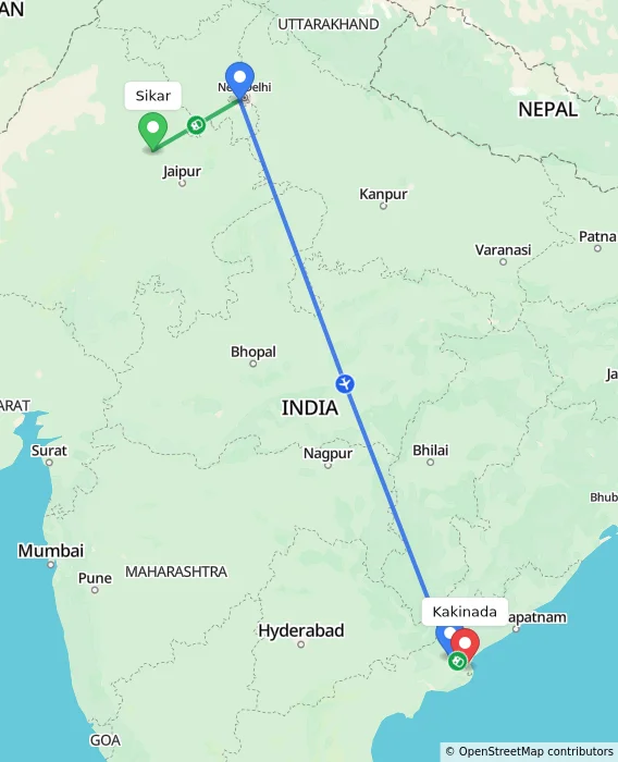 Route map showing distance and travel time from Sikar, India to Kakinada, India