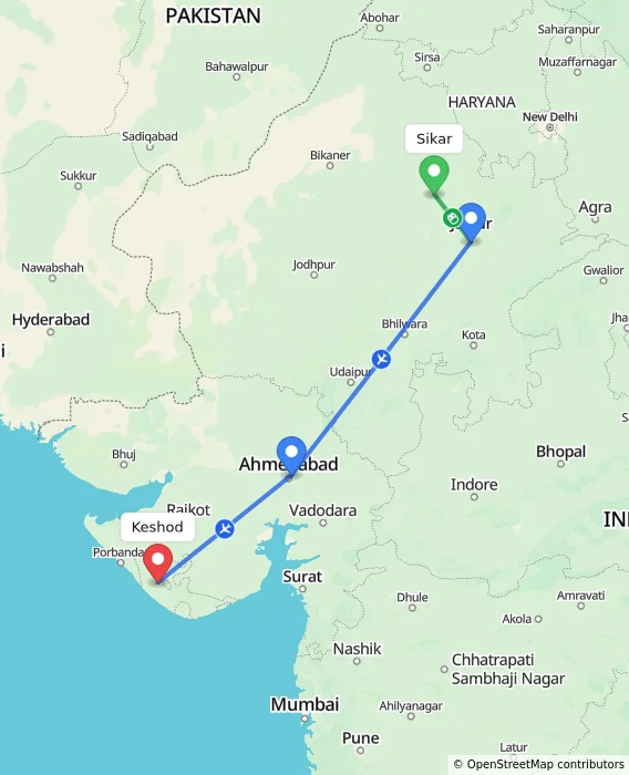 Route map showing distance and travel time from Sikar, India to Keshod, India