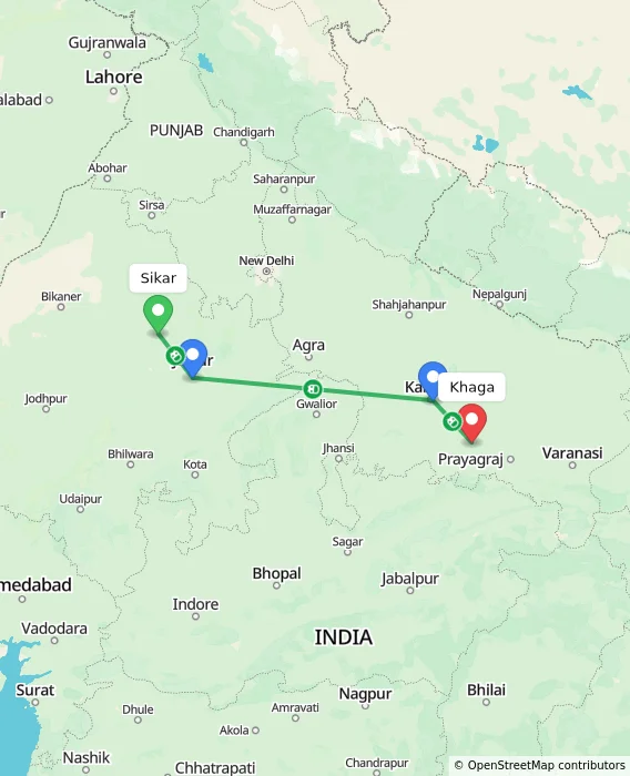 Route map showing distance and travel time from Sikar, India to Khaga, India