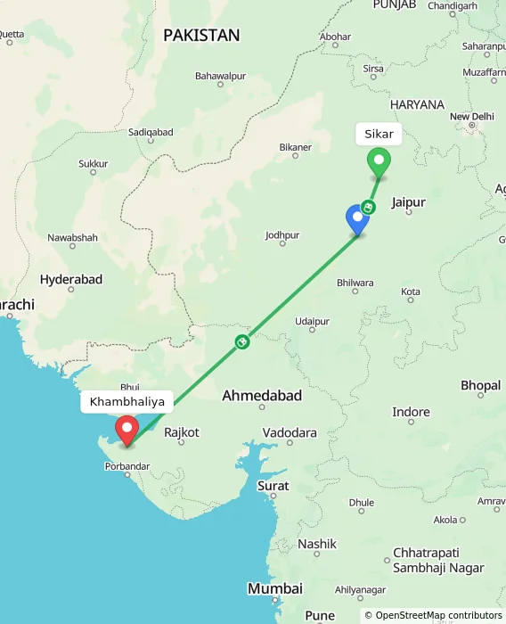 Route map showing distance and travel time from Sikar, India to Khambhaliya, India