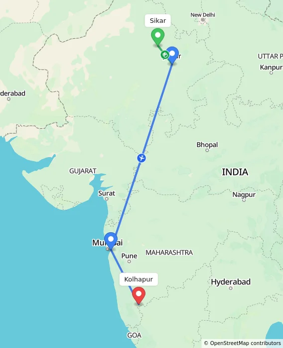 Route map showing distance and travel time from Sikar, India to Kolhapur, India