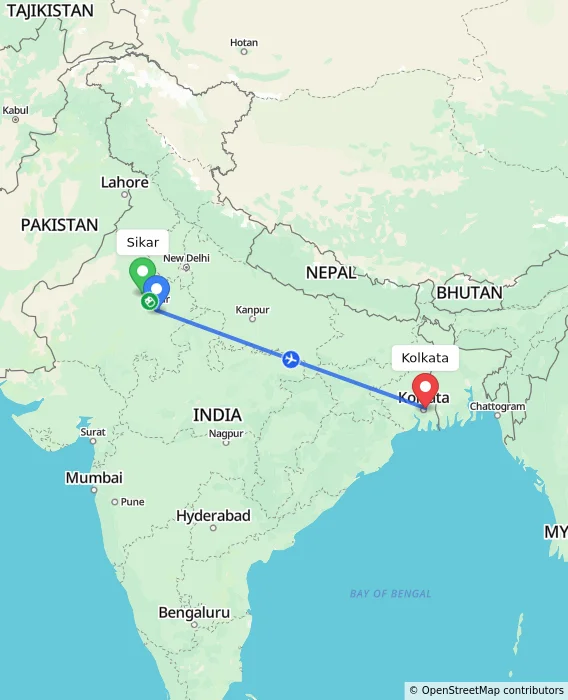 Route map showing distance and travel time from Sikar, India to Kolkata, India