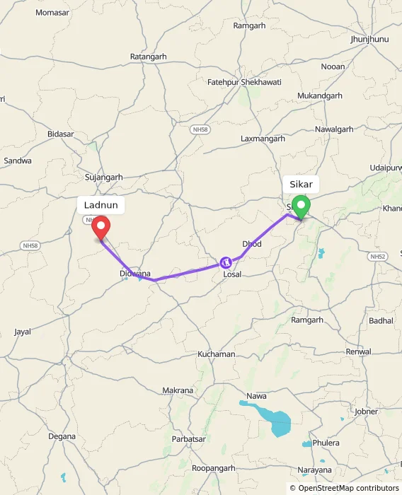 Route map showing distance and travel time from Sikar, India to Ladnun, India