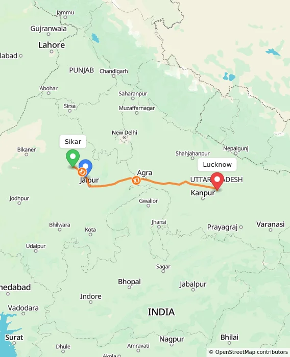 Route map showing distance and travel time from Sikar, India to Lucknow, India