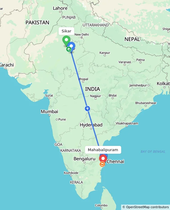 Route map showing distance and travel time from Sikar, India to Mahabalipuram, India