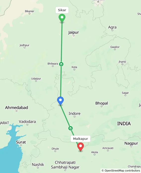 Route map showing distance and travel time from Sikar, India to Malkapur, India