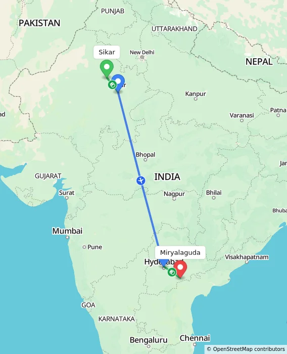 Route map showing distance and travel time from Sikar, India to Miryalaguda, India