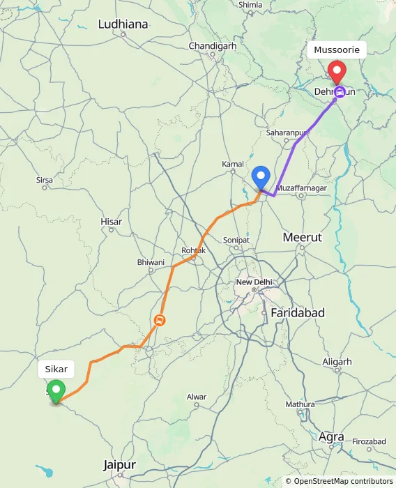 Route map showing distance and travel time from Sikar, India to Mussoorie, India