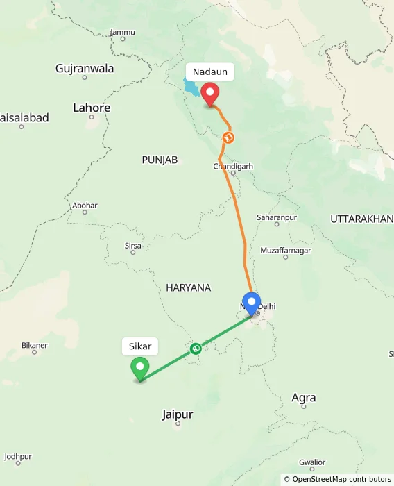 Route map showing distance and travel time from Sikar, India to Nadaun, India
