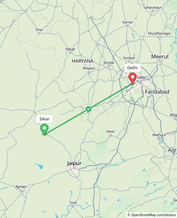 Route map showing distance and travel time from Sikar, India to Delhi, India