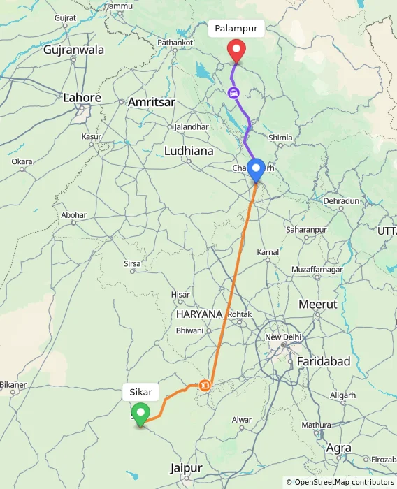 Route map showing distance and travel time from Sikar, India to Palampur, India