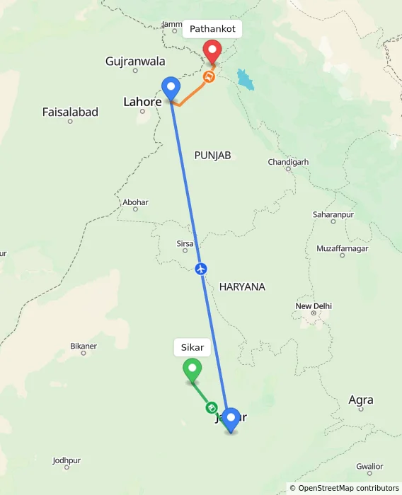 Route map showing distance and travel time from Sikar, India to Pathankot, India