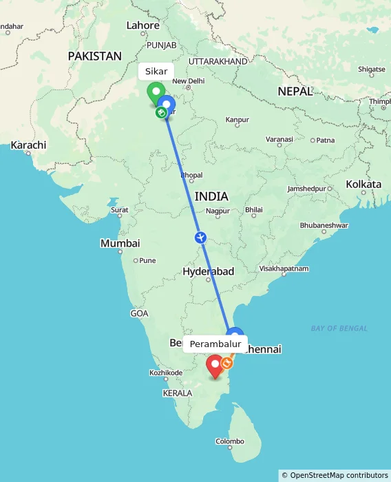 Route map showing distance and travel time from Sikar, India to Perambalur, India