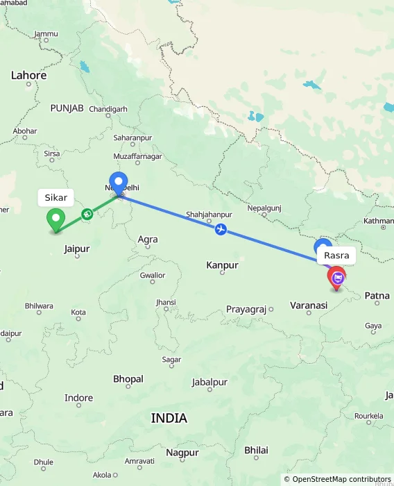 Route map showing distance and travel time from Sikar, India to Rasra, India