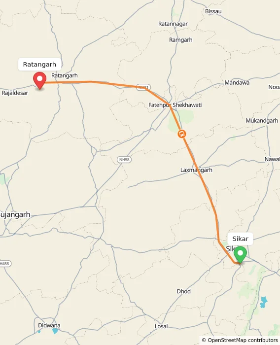 Route map showing distance and travel time from Sikar, India to Ratangarh, India