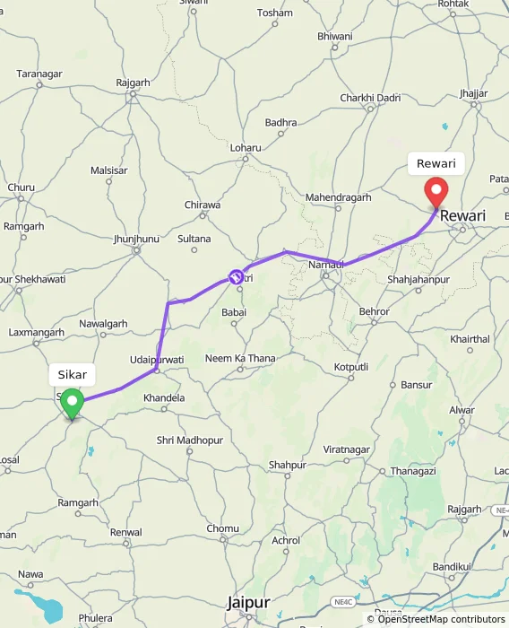 Route map showing distance and travel time from Sikar, India to Rewari, India