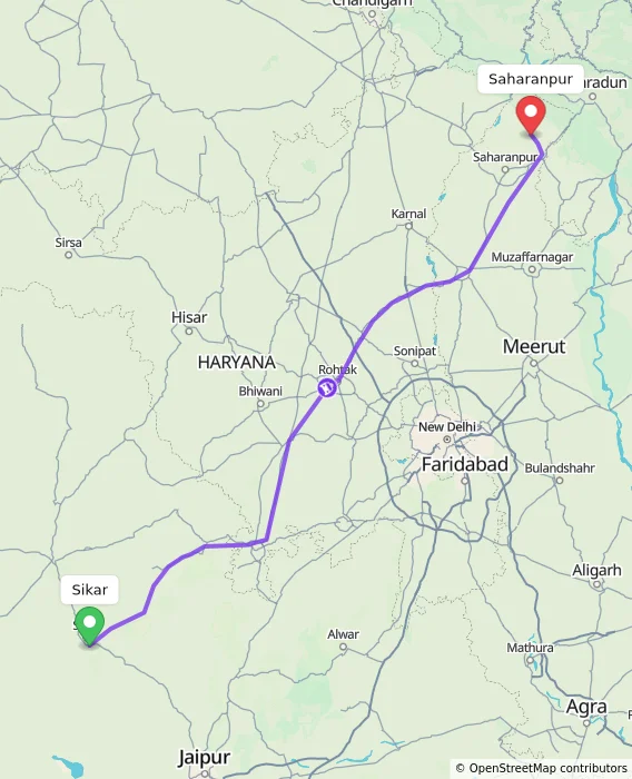 Route map showing distance and travel time from Sikar, India to Saharanpur, India