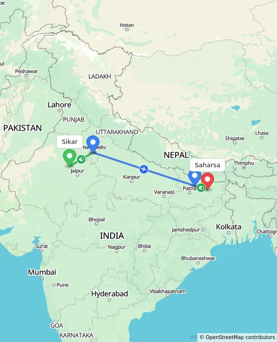 Route map showing distance and travel time from Sikar, India to Saharsa, India