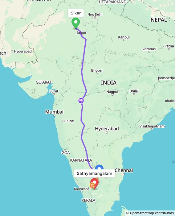 Route map showing distance and travel time from Sikar, India to Sathyamangalam, India