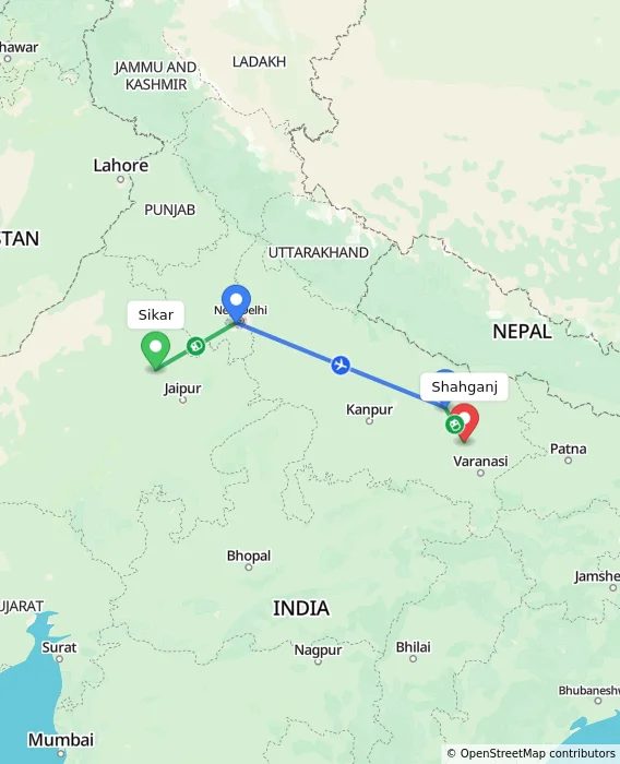 Route map showing distance and travel time from Sikar, India to Shahganj, India