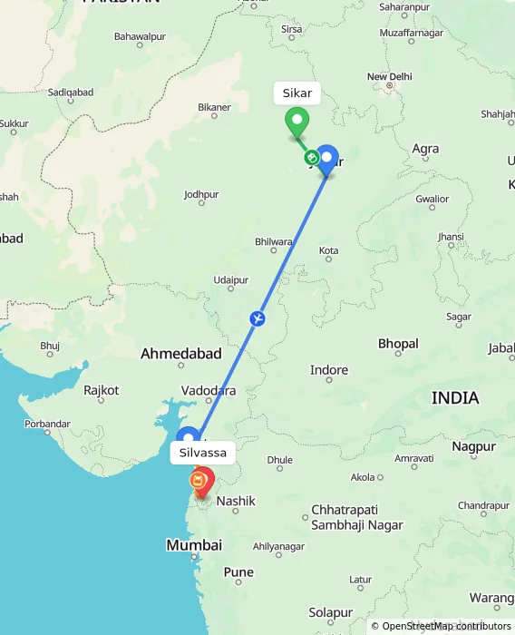 Route map showing distance and travel time from Sikar, India to Silvassa, India