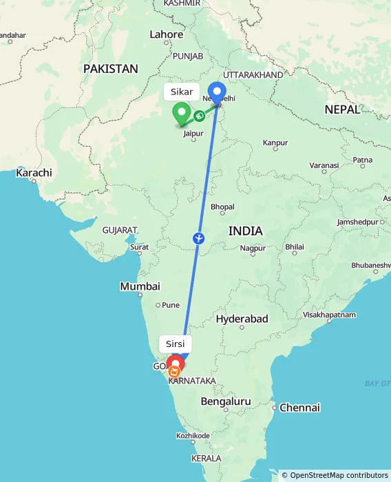 Route map showing distance and travel time from Sikar, India to Sirsi, India