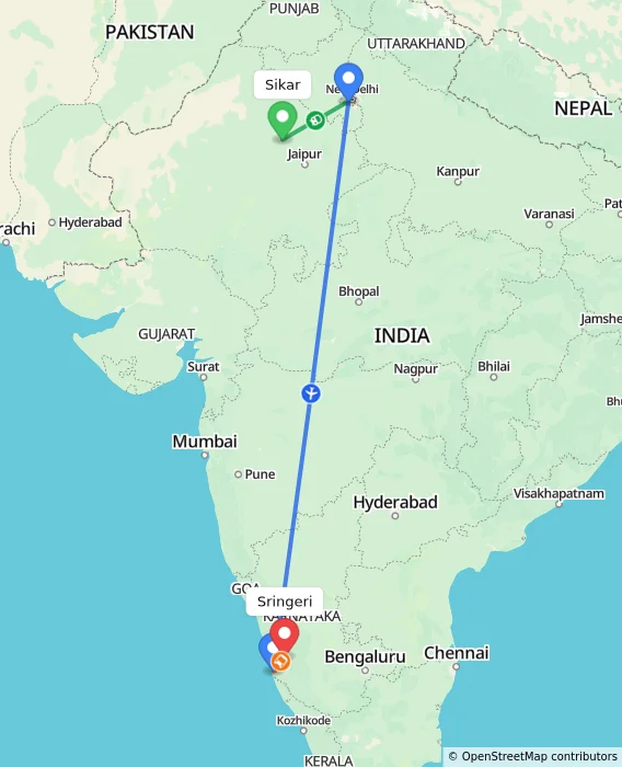 Route map showing distance and travel time from Sikar, India to Sringeri, India