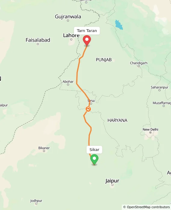 Route map showing distance and travel time from Sikar, India to Tarn Taran, India