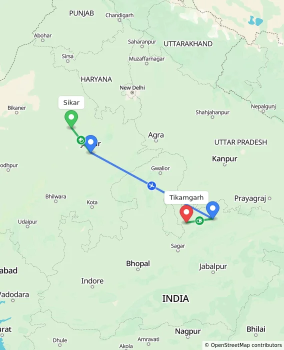 Route map showing distance and travel time from Sikar, India to Tikamgarh, India