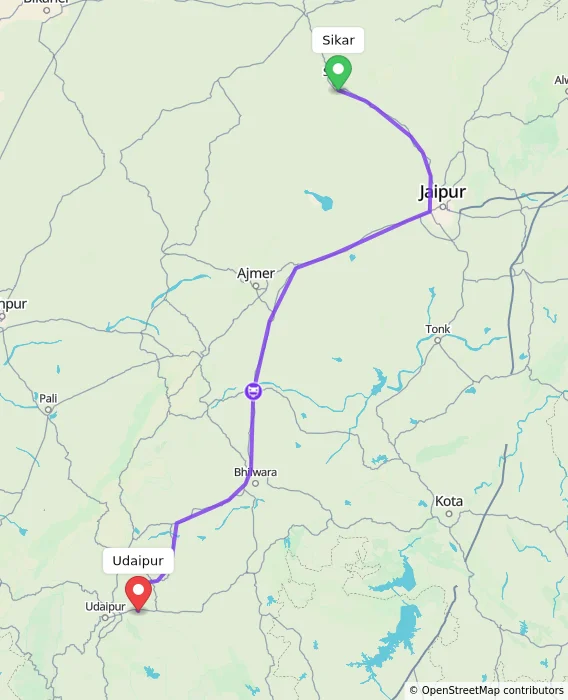 Route map showing distance and travel time from Sikar, India to Udaipur, India