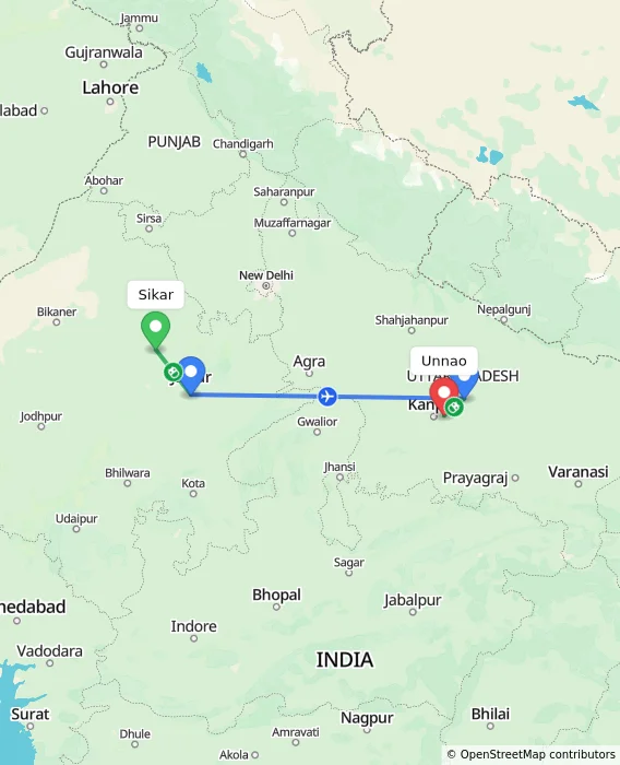 Route map showing distance and travel time from Sikar, India to Unnao, India