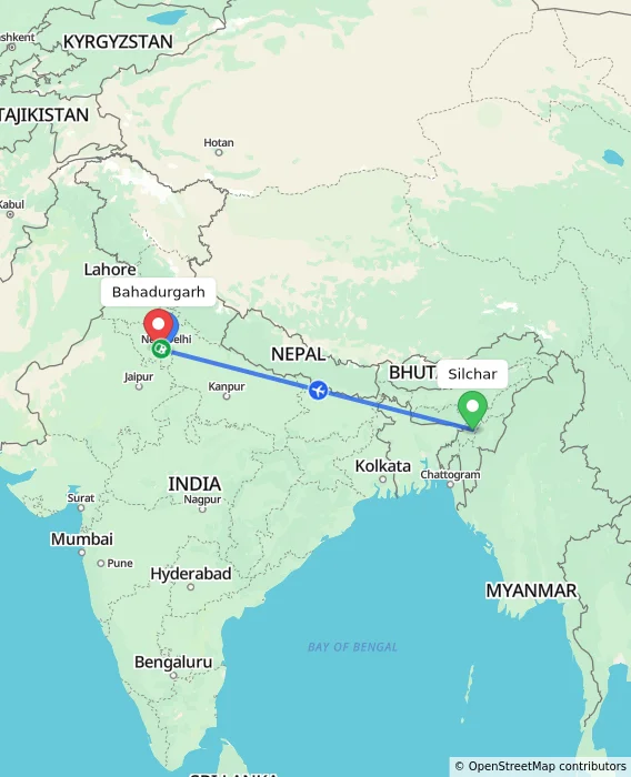 Route map showing distance and travel time from Silchar, India to Bahadurgarh, India