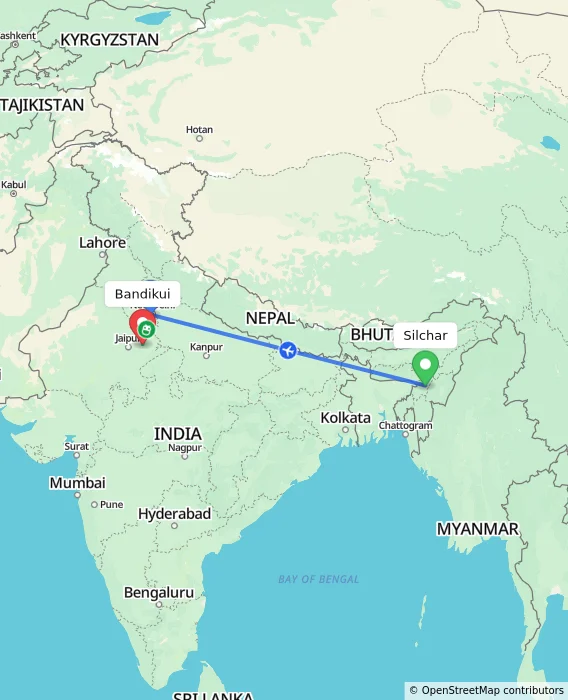 Route map showing distance and travel time from Silchar, India to Bandikui, India