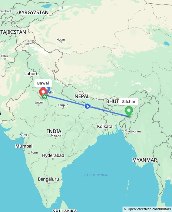 Route map showing distance and travel time from Silchar, India to Bawal, India
