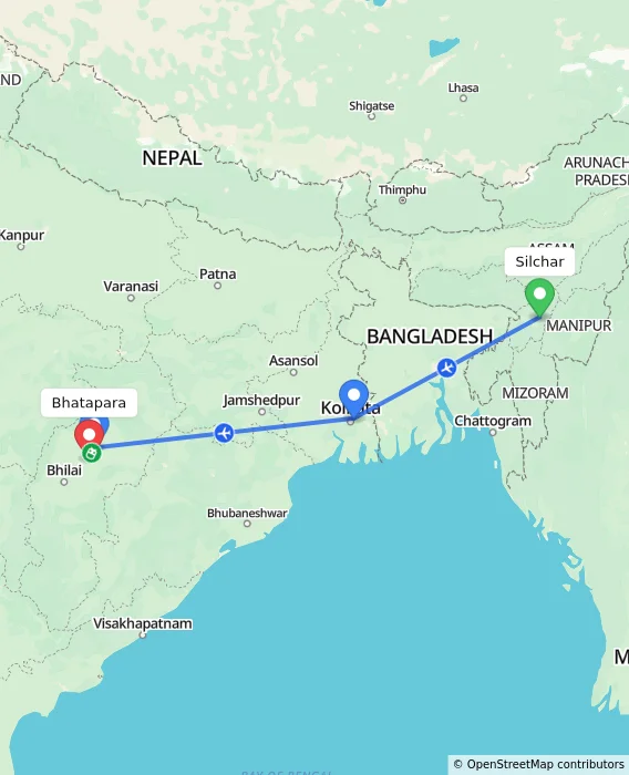 Route map showing distance and travel time from Silchar, India to Bhatapara, India