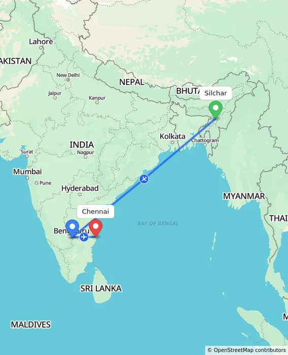 Route map showing distance and travel time from Silchar, India to Chennai, India