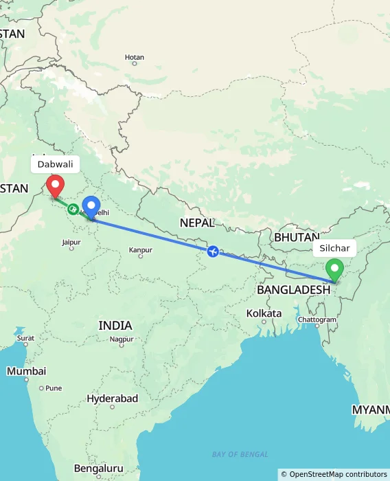 Route map showing distance and travel time from Silchar, India to Dabwali, India