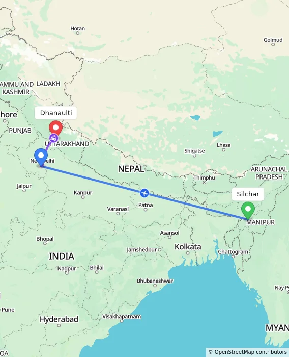 Route map showing distance and travel time from Silchar, India to Dhanaulti, India