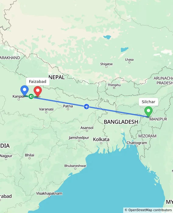 Route map showing distance and travel time from Silchar, India to Faizabad, India