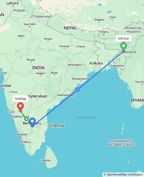 Route map showing distance and travel time from Silchar, India to Gadag, India