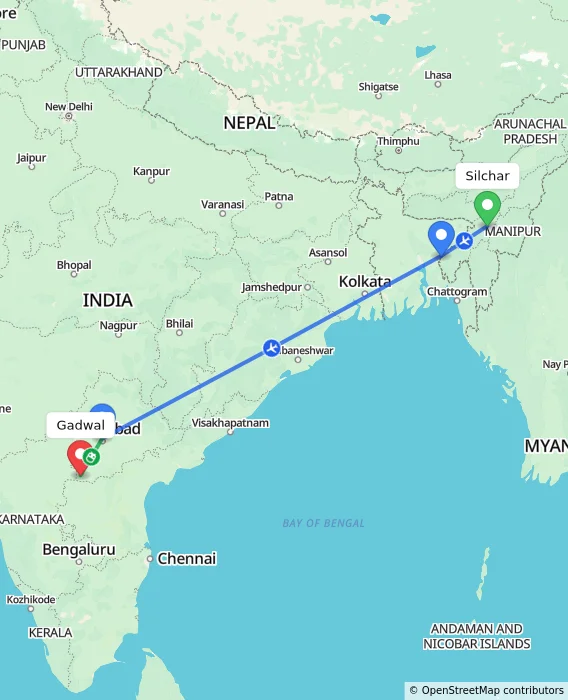 Route map showing distance and travel time from Silchar, India to Gadwal, India