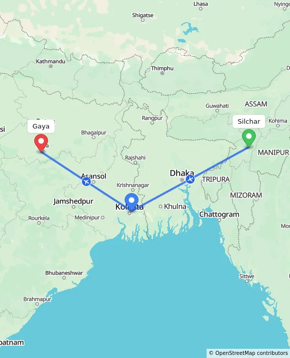 Route map showing distance and travel time from Silchar, India to Gaya, India