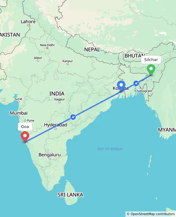 Route map showing distance and travel time from Silchar, India to Goa, India